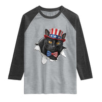 Funny Black Cat With Uncle Sam Hat Raglan Shirt Patriotic Pet Lover