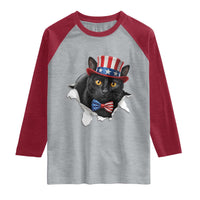 Funny Black Cat With Uncle Sam Hat Raglan Shirt Patriotic Pet Lover