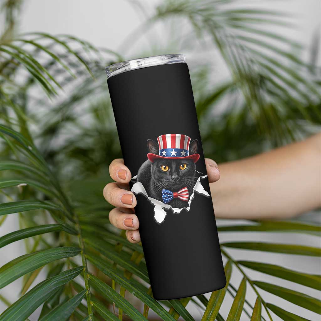 Funny Black Cat With Uncle Sam Hat Skinny Tumbler Patriotic Pet Lover