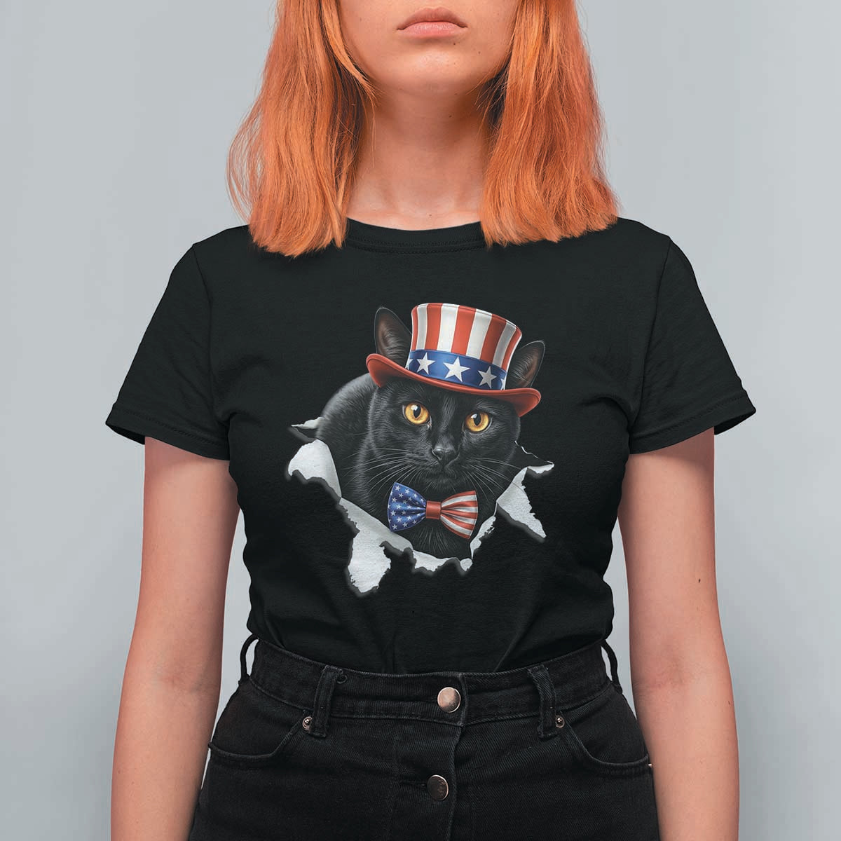 Funny Black Cat With Uncle Sam Hat T Shirt For Women Patriotic Pet Lover