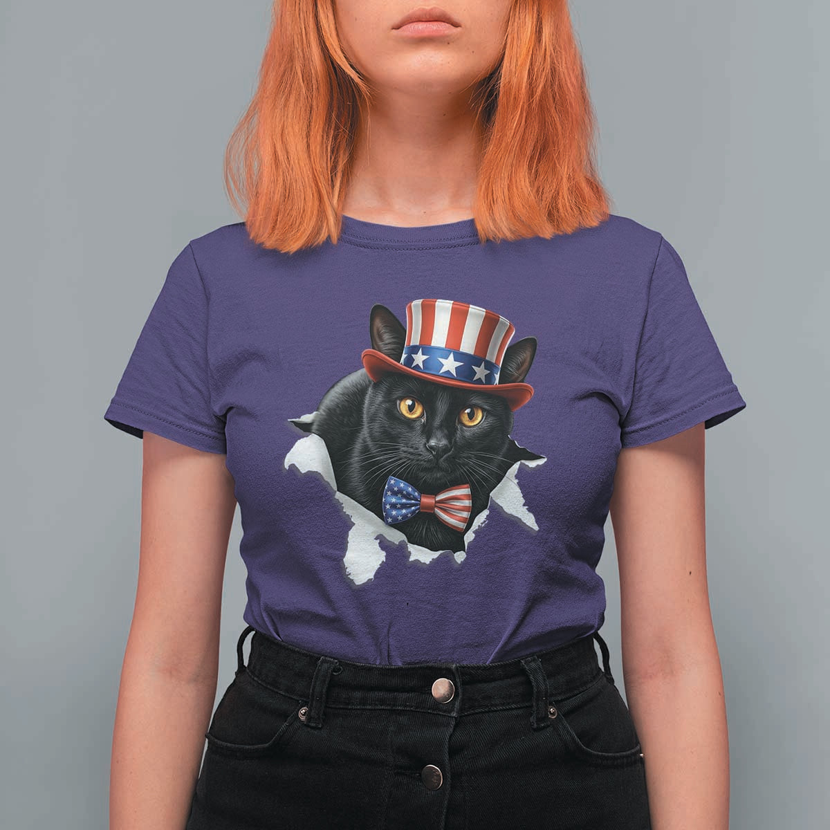 Funny Black Cat With Uncle Sam Hat T Shirt For Women Patriotic Pet Lover