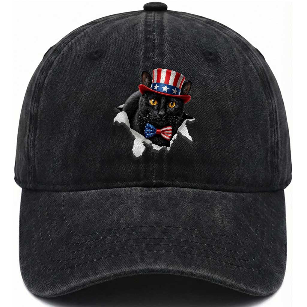 Funny Black Cat With Uncle Sam Hat Washed Cotton Baseball Cap Patriotic Pet Lover