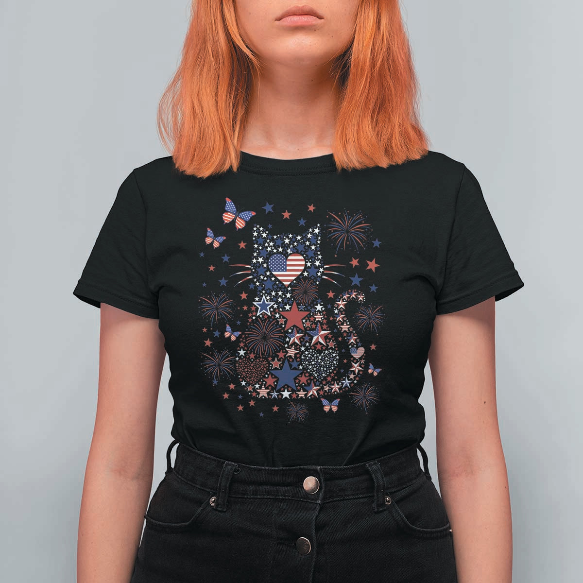 Funny Patriotic Cat Lover T Shirt For Women 4th Of July Freedom