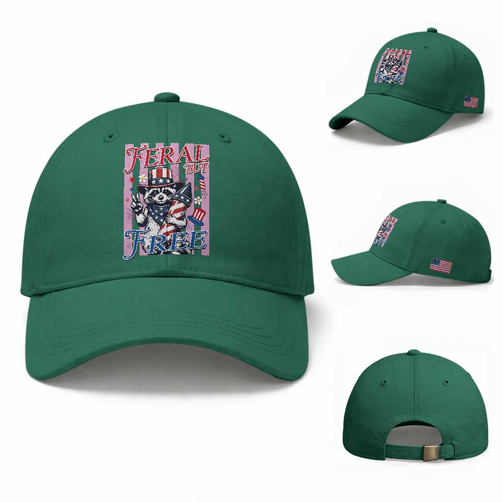 Funny Fourth Of July Raccoon Baseball Cap Feral But Free