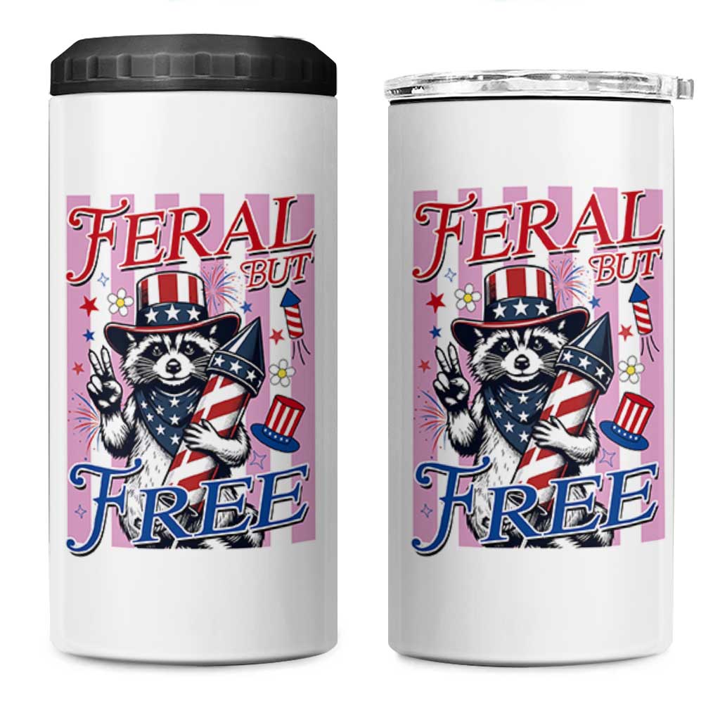 Funny Fourth Of July Raccoon 4 in 1 Can Cooler Tumbler Feral But Free