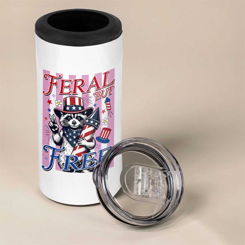 Funny Fourth Of July Raccoon 4 in 1 Can Cooler Tumbler Feral But Free