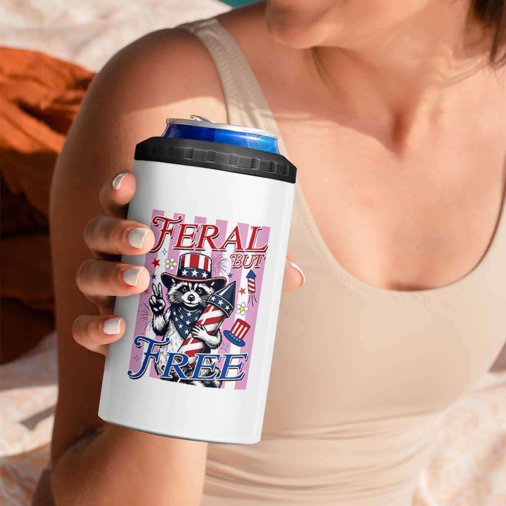 Funny Fourth Of July Raccoon 4 in 1 Can Cooler Tumbler Feral But Free