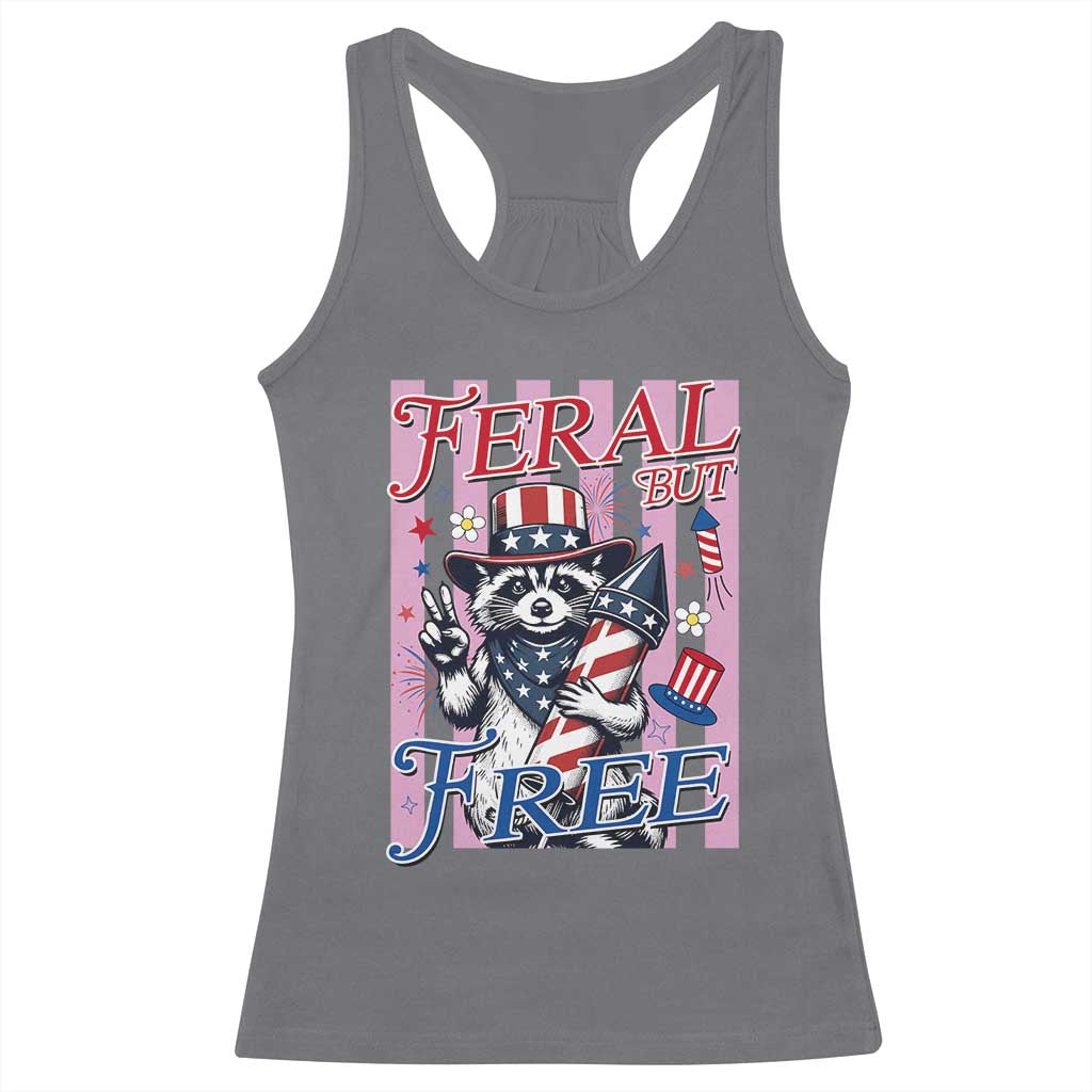 Funny Fourth Of July Raccoon Racerback Tank Top Feral But Free