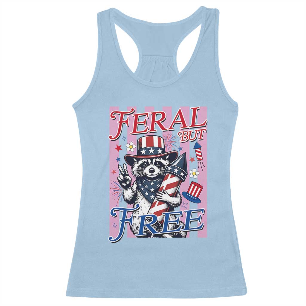 Funny Fourth Of July Raccoon Racerback Tank Top Feral But Free