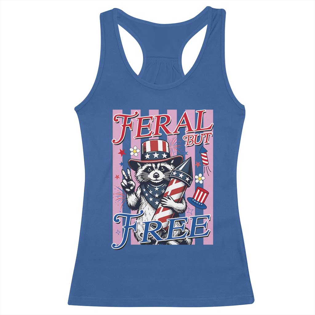 Funny Fourth Of July Raccoon Racerback Tank Top Feral But Free