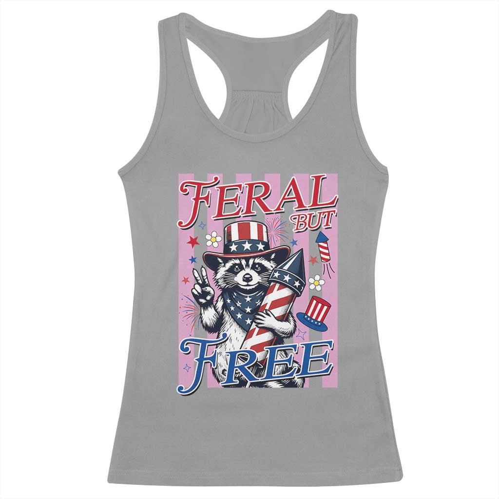 Funny Fourth Of July Raccoon Racerback Tank Top Feral But Free