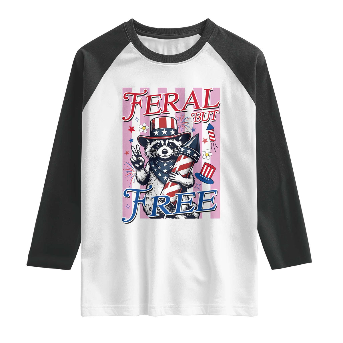 Funny Fourth Of July Raccoon Raglan Shirt Feral But Free