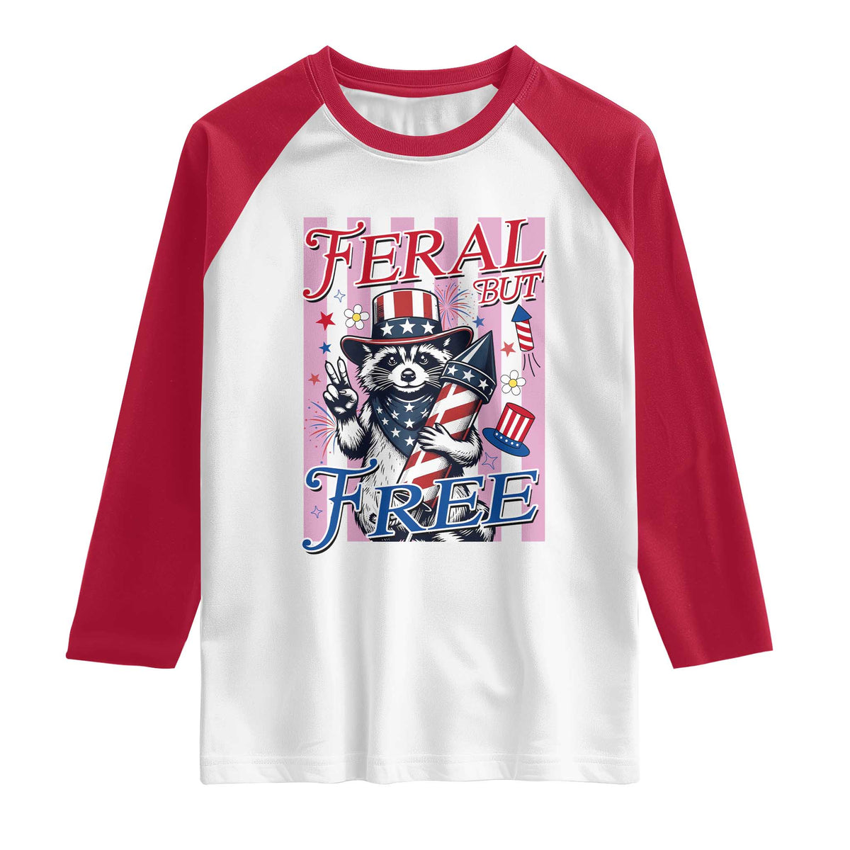 Funny Fourth Of July Raccoon Raglan Shirt Feral But Free