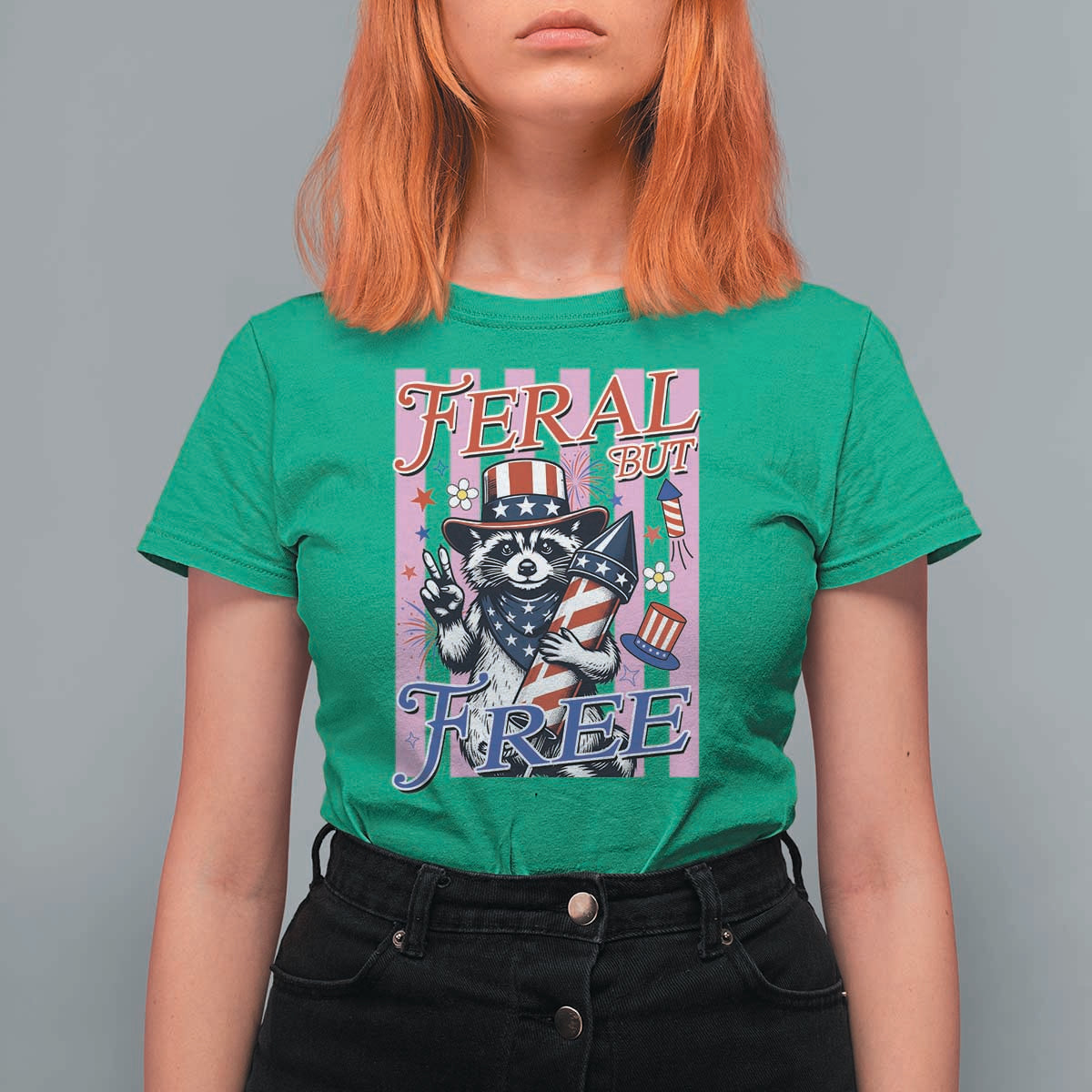 Funny Fourth Of July Raccoon T Shirt For Women Feral But Free