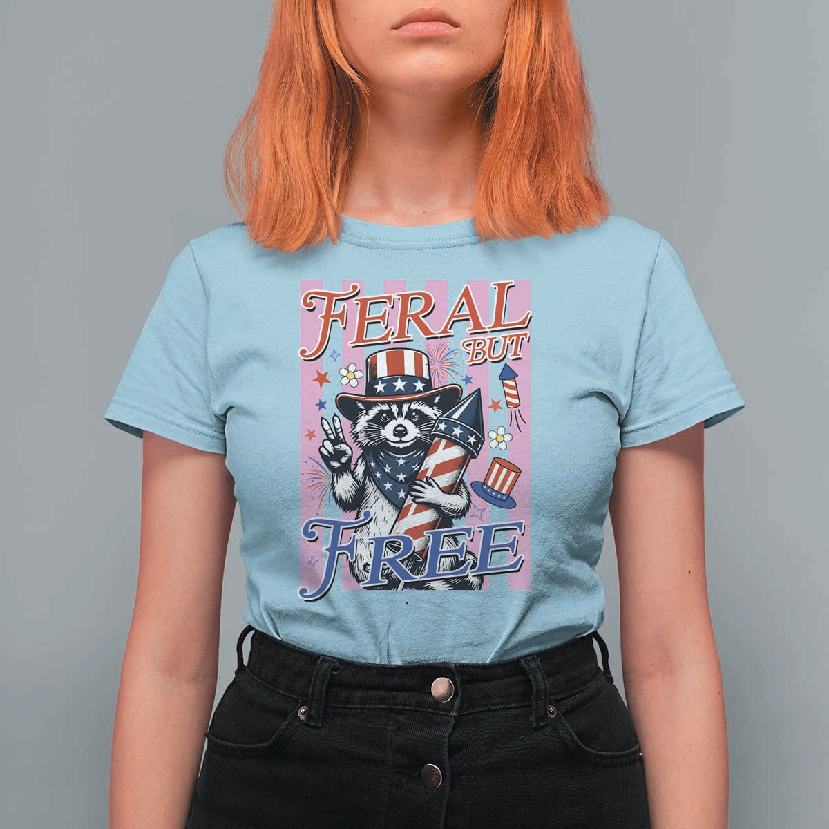 Funny Fourth Of July Raccoon T Shirt For Women Feral But Free