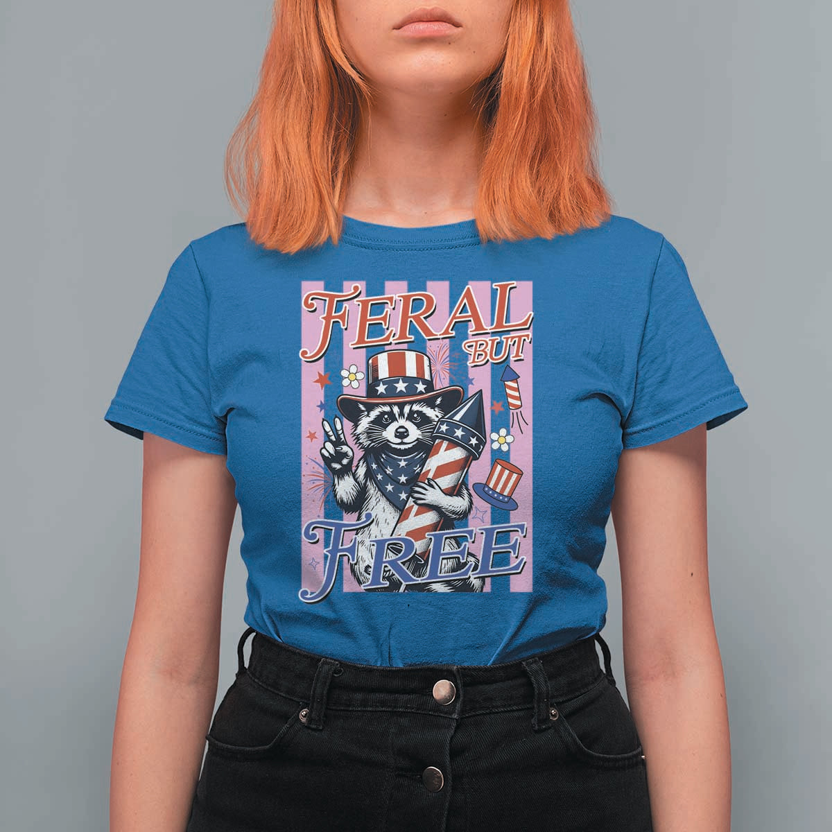 Funny Fourth Of July Raccoon T Shirt For Women Feral But Free
