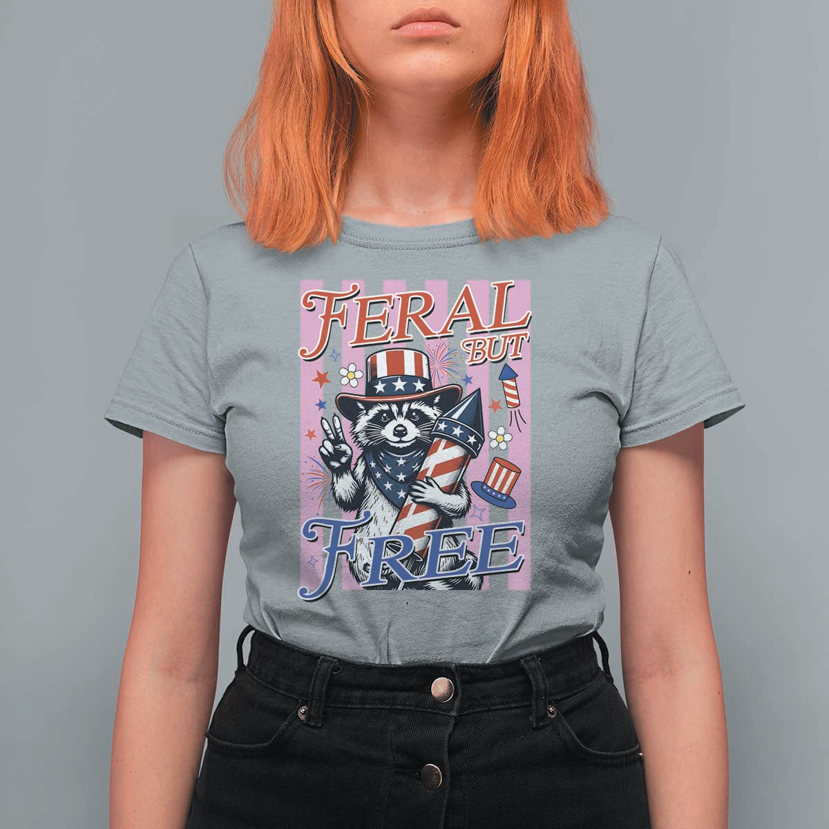 Funny Fourth Of July Raccoon T Shirt For Women Feral But Free