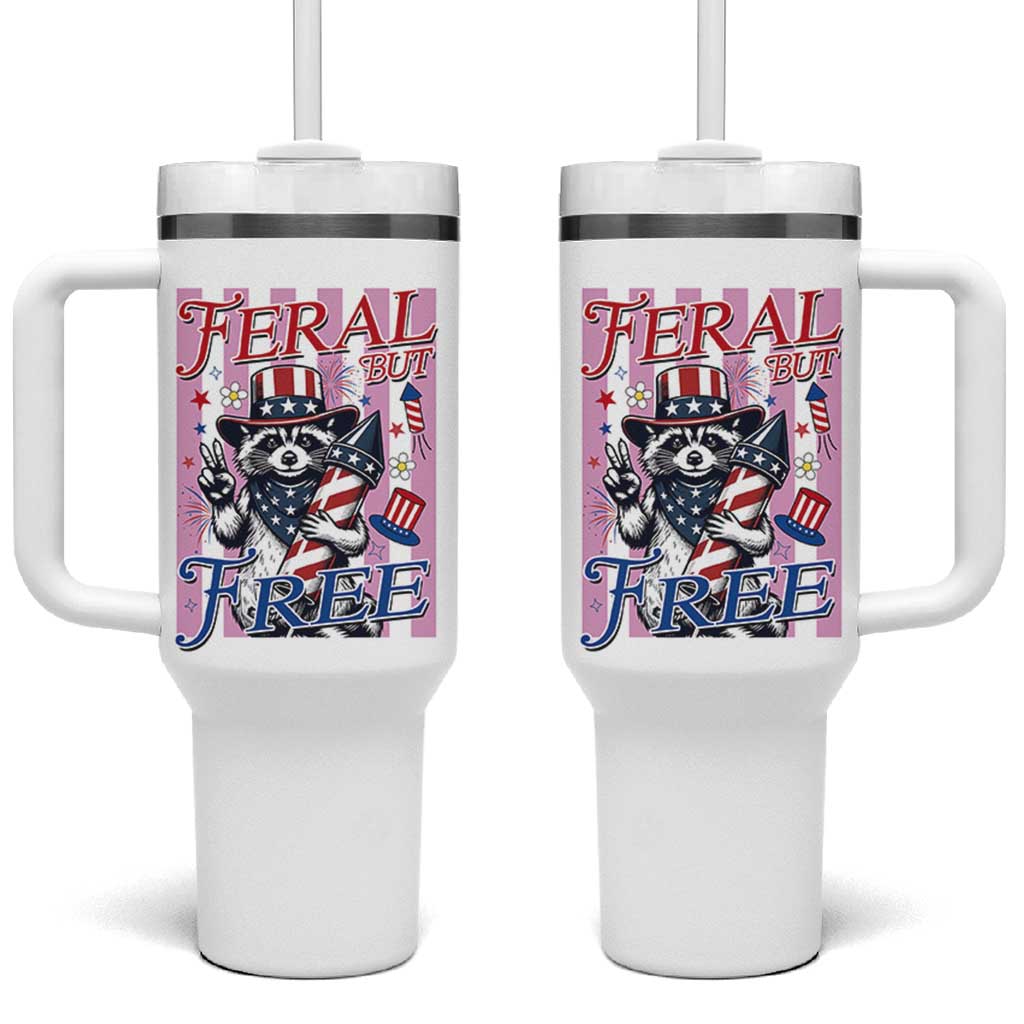 Funny Fourth Of July Raccoon Tumbler With Handle Feral But Free