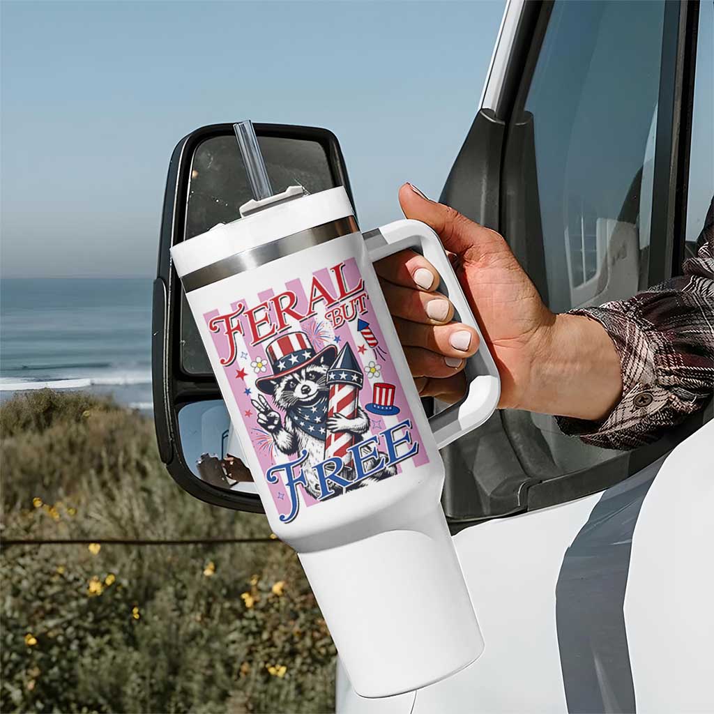 Funny Fourth Of July Raccoon Tumbler With Handle Feral But Free