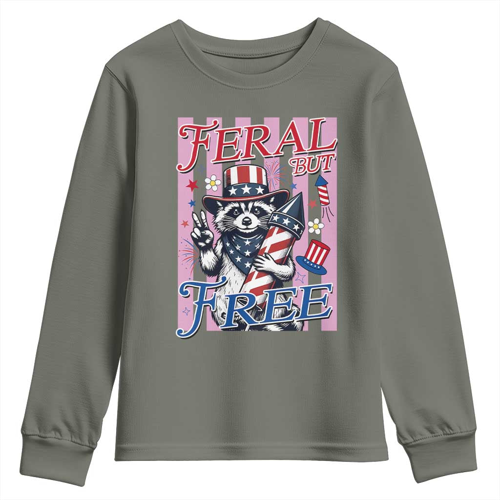 Funny Fourth Of July Raccoon Youth Sweatshirt Feral But Free