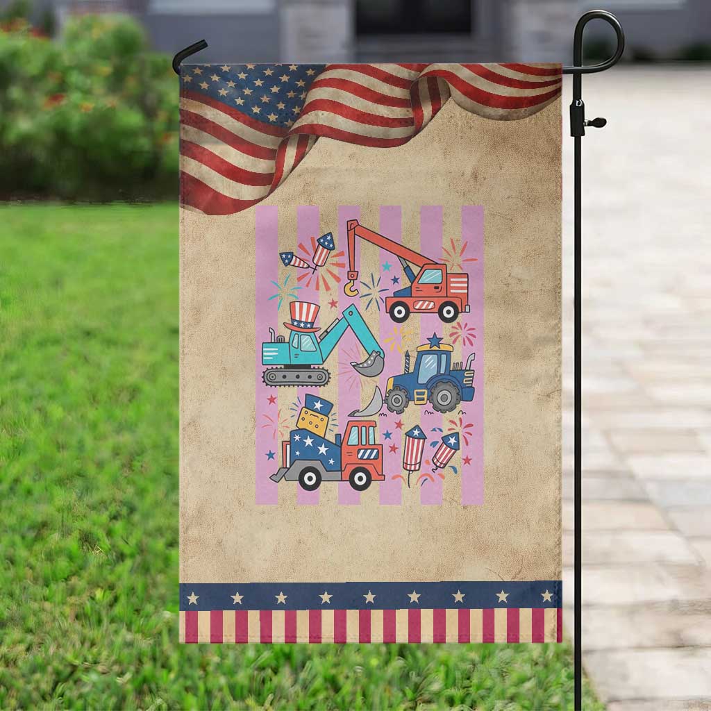 Red White And Blue Construction Crew Patriotic Garden Flag Kids 4th Of July