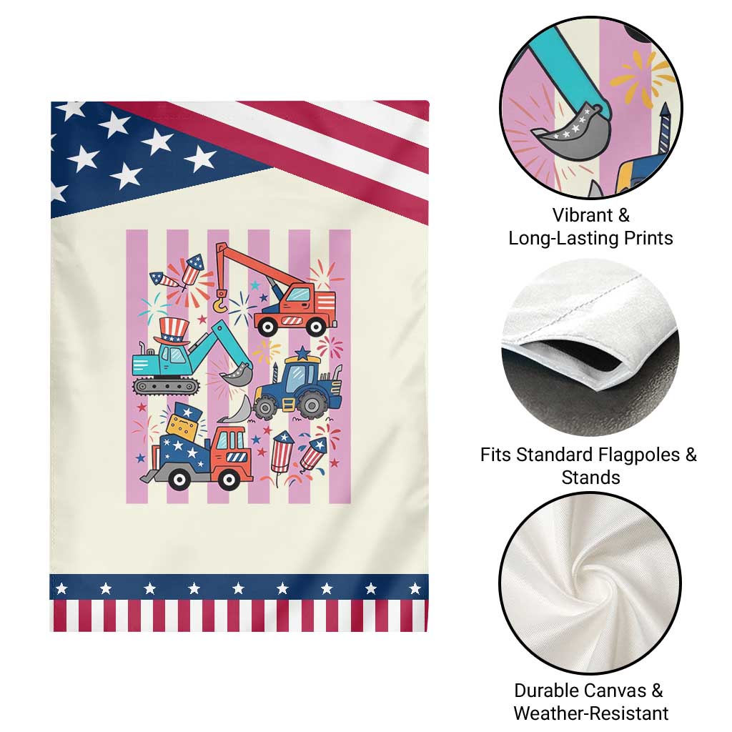 Red White And Blue Construction Crew Patriotic Garden Flag Kids 4th Of July
