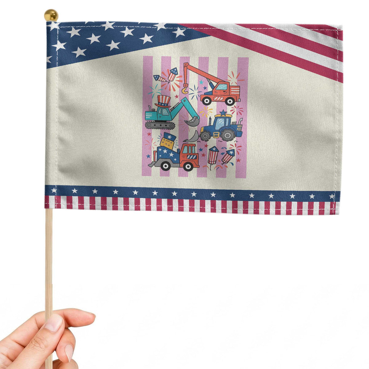 Red White And Blue Construction Crew Patriotic Handheld Flag Kids 4th Of July