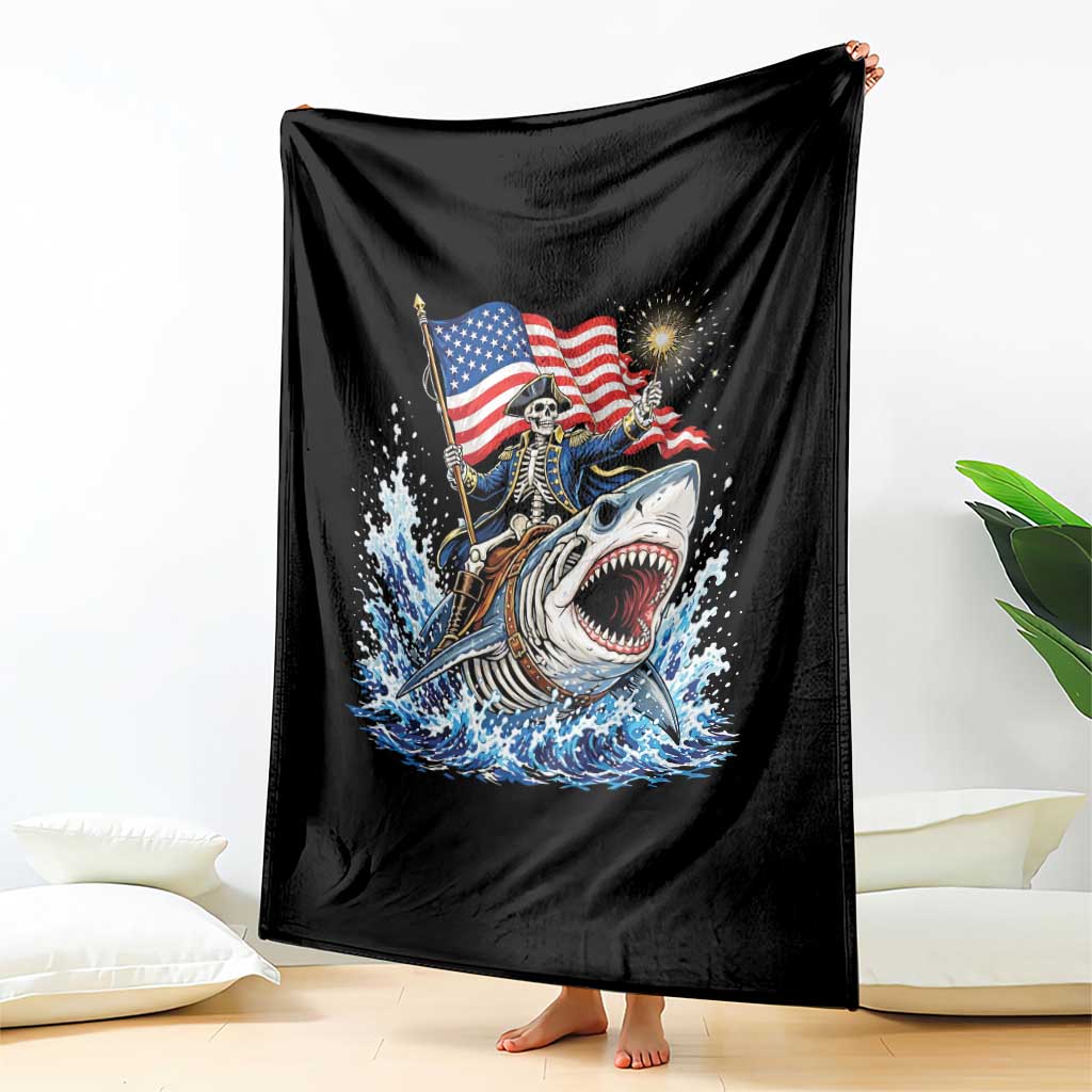 Patriotic Skeleton Pirate Riding Shark Throw Blanket American Ocean Pride