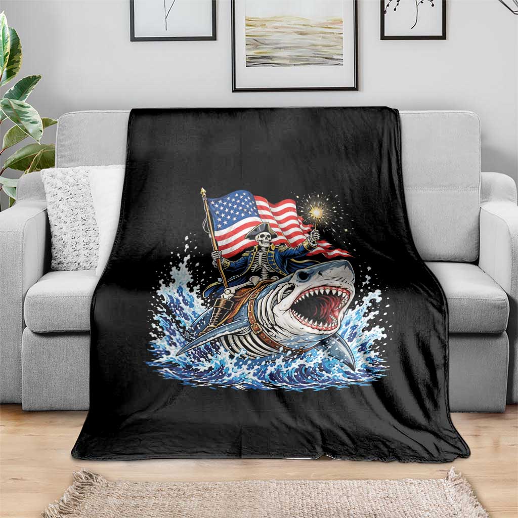 Patriotic Skeleton Pirate Riding Shark Throw Blanket American Ocean Pride
