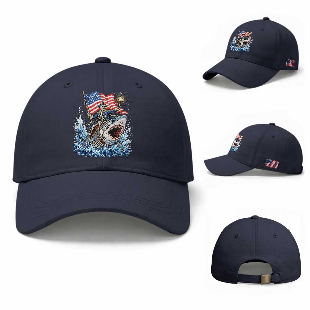 Patriotic Skeleton Pirate Riding Shark Baseball Cap American Ocean Pride