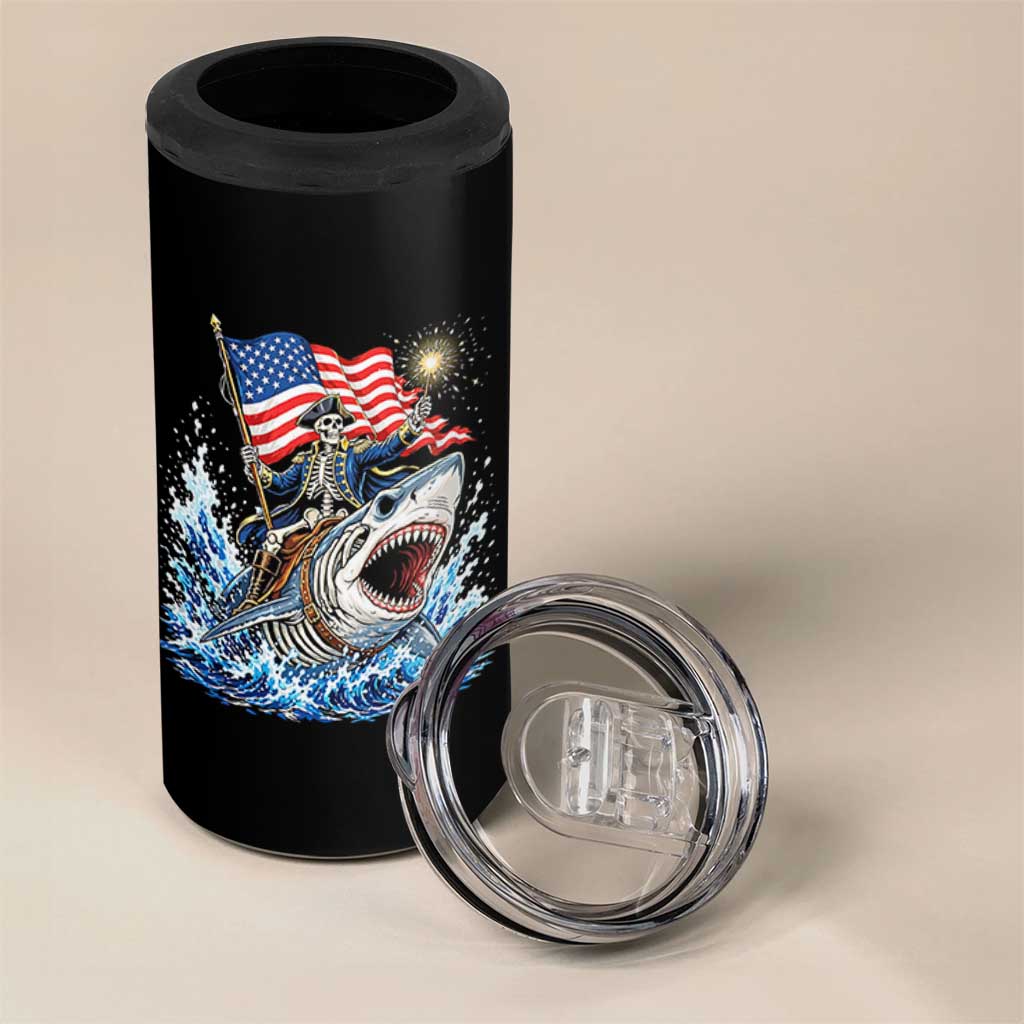 Patriotic Skeleton Pirate Riding Shark 4 in 1 Can Cooler Tumbler American Ocean Pride