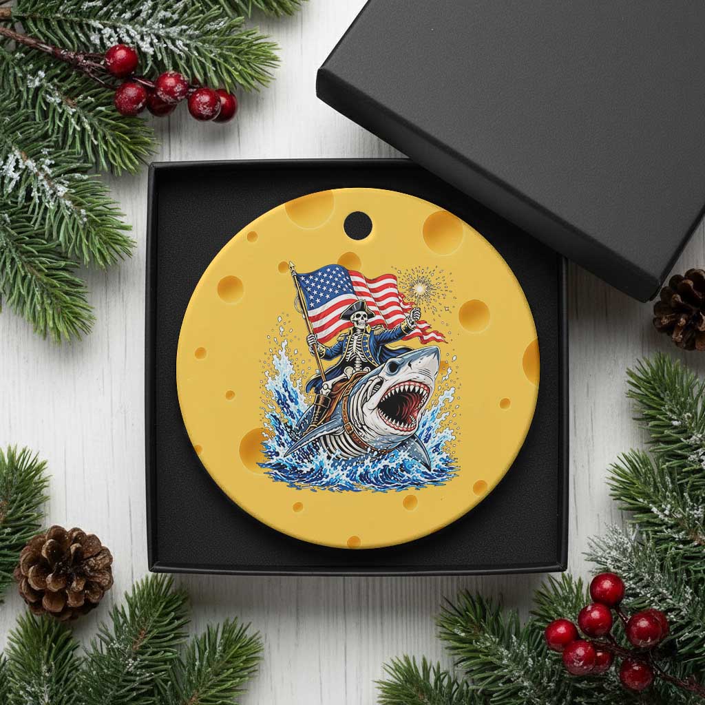Patriotic Skeleton Pirate Riding Shark Ceramic Ornament American Ocean Pride