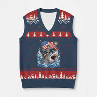 Patriotic Skeleton Pirate Riding Shark V-Neck Knit Sweater Vest American Ocean Pride