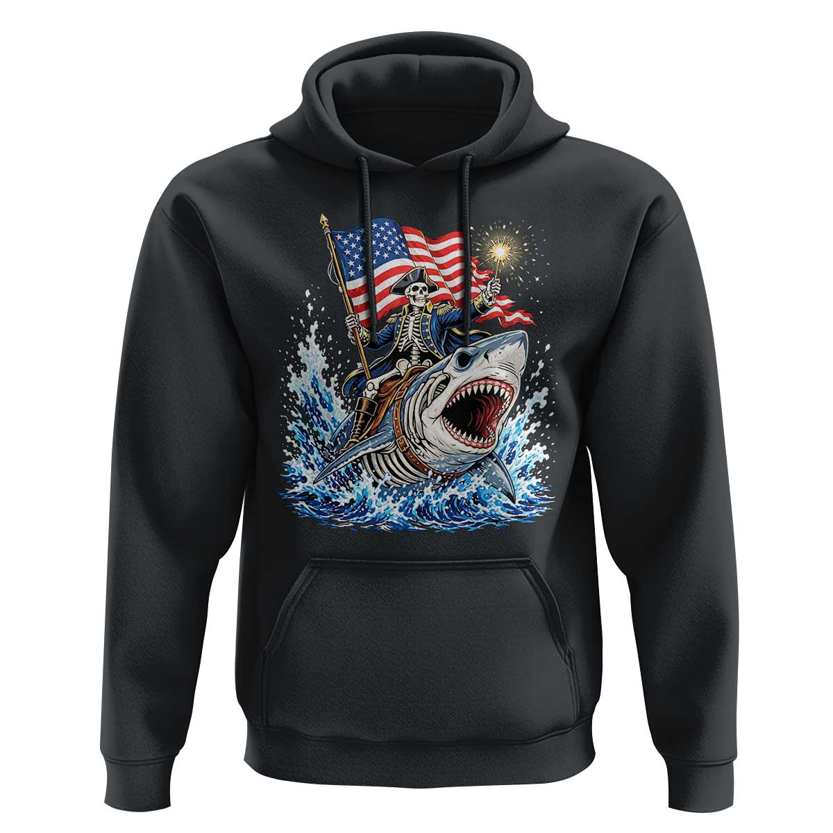 Patriotic Skeleton Pirate Riding Shark Hoodie American Ocean Pride