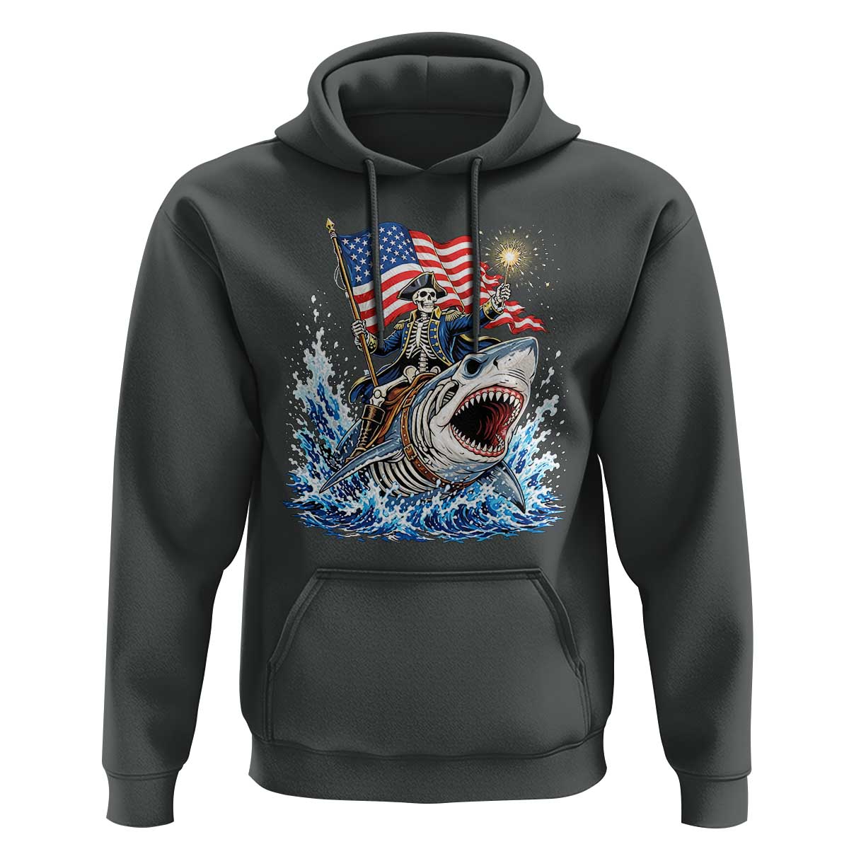 Patriotic Skeleton Pirate Riding Shark Hoodie American Ocean Pride