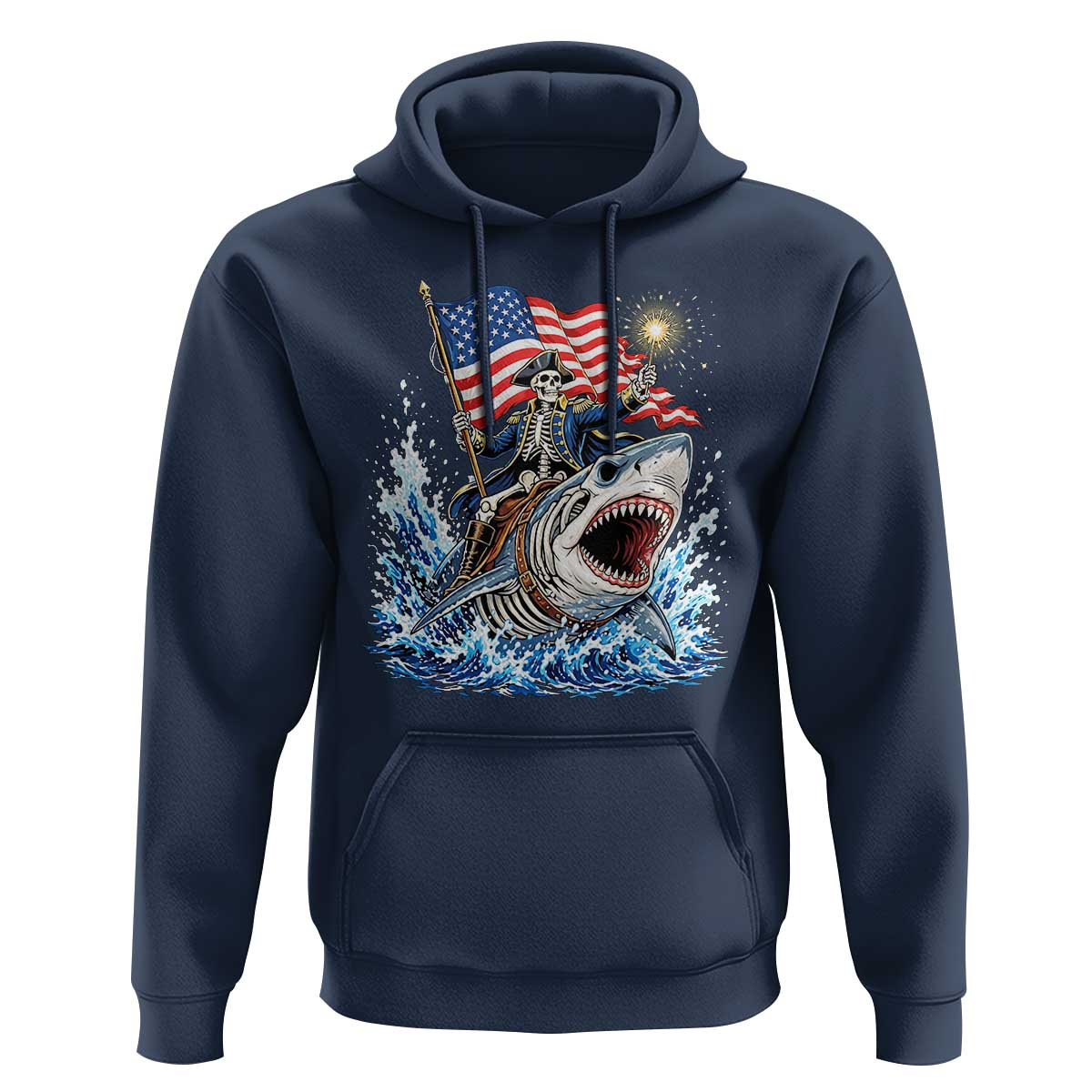 Patriotic Skeleton Pirate Riding Shark Hoodie American Ocean Pride
