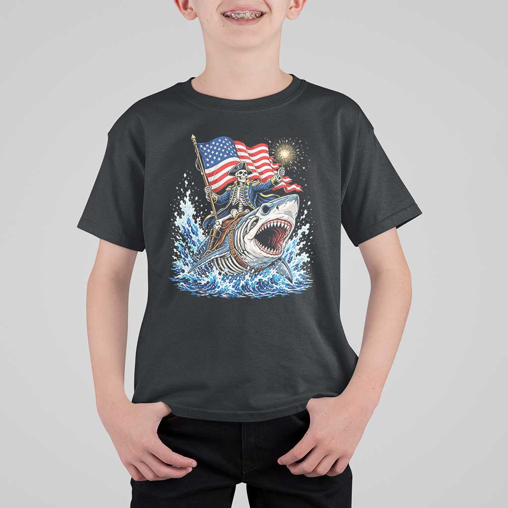 Patriotic Skeleton Pirate Riding Shark T Shirt For Kid American Ocean Pride