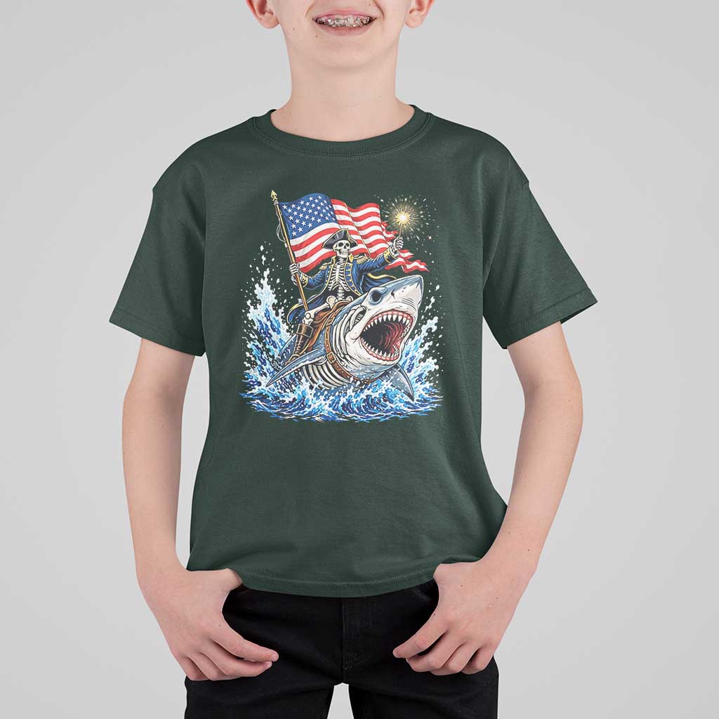 Patriotic Skeleton Pirate Riding Shark T Shirt For Kid American Ocean Pride