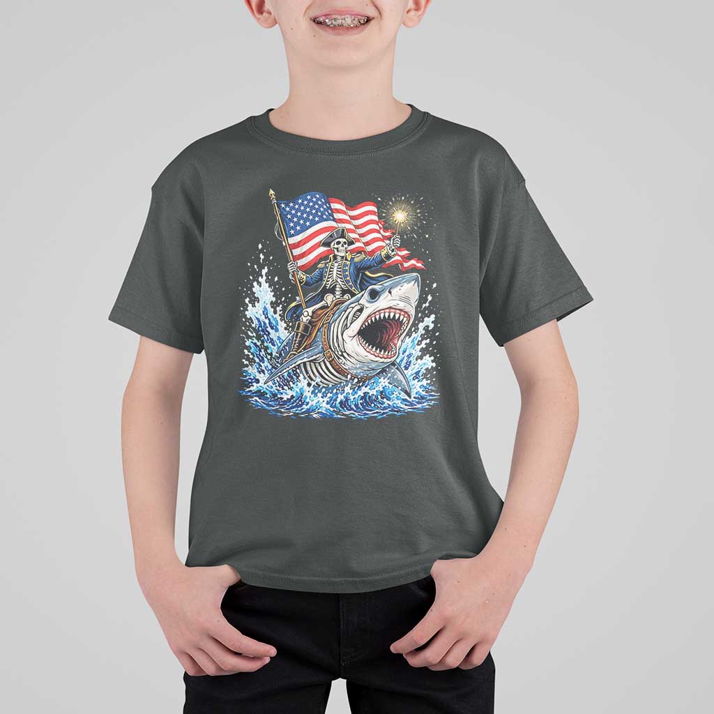 Patriotic Skeleton Pirate Riding Shark T Shirt For Kid American Ocean Pride