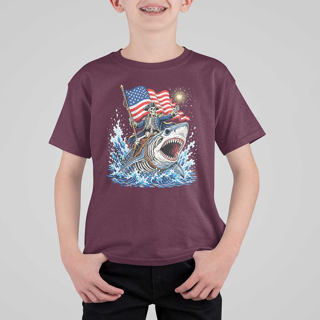 Patriotic Skeleton Pirate Riding Shark T Shirt For Kid American Ocean Pride