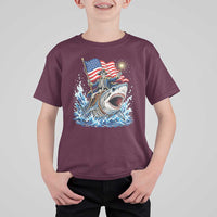 Patriotic Skeleton Pirate Riding Shark T Shirt For Kid American Ocean Pride
