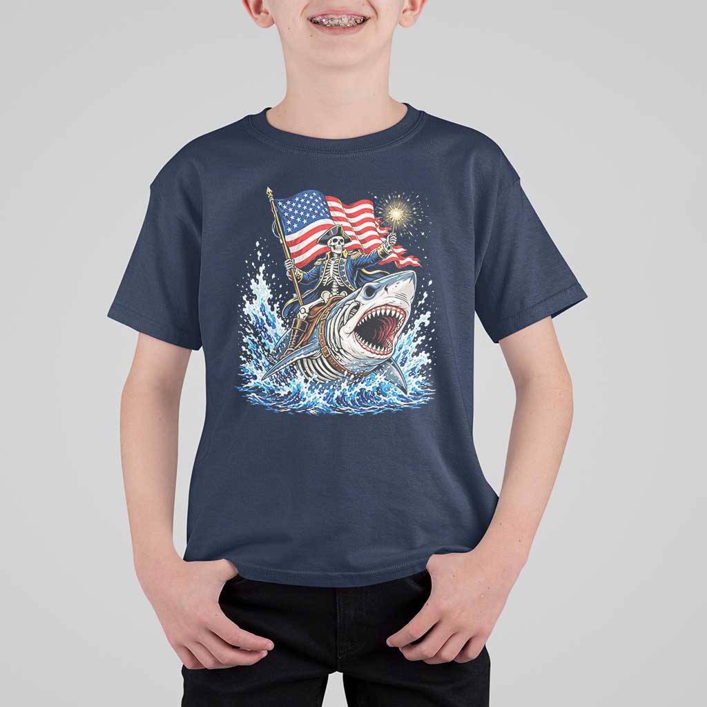 Patriotic Skeleton Pirate Riding Shark T Shirt For Kid American Ocean Pride