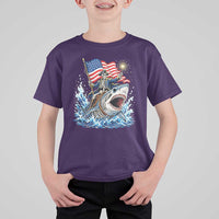 Patriotic Skeleton Pirate Riding Shark T Shirt For Kid American Ocean Pride