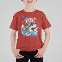 Patriotic Skeleton Pirate Riding Shark T Shirt For Kid American Ocean Pride