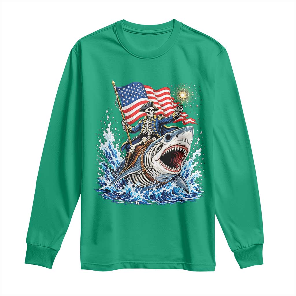 Patriotic Skeleton Pirate Riding Shark Long Sleeve Shirt American Ocean Pride