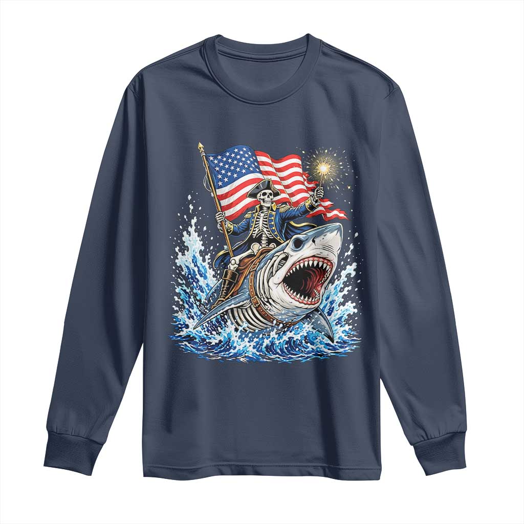 Patriotic Skeleton Pirate Riding Shark Long Sleeve Shirt American Ocean Pride