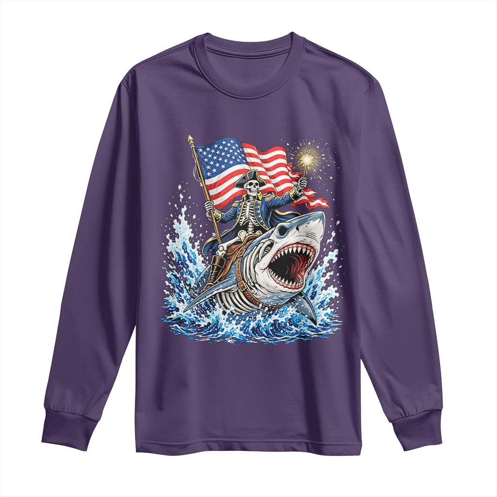 Patriotic Skeleton Pirate Riding Shark Long Sleeve Shirt American Ocean Pride