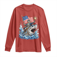 Patriotic Skeleton Pirate Riding Shark Long Sleeve Shirt American Ocean Pride