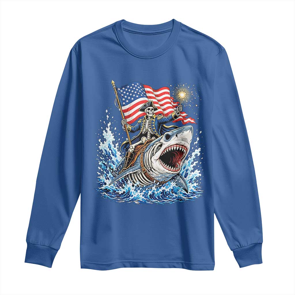 Patriotic Skeleton Pirate Riding Shark Long Sleeve Shirt American Ocean Pride