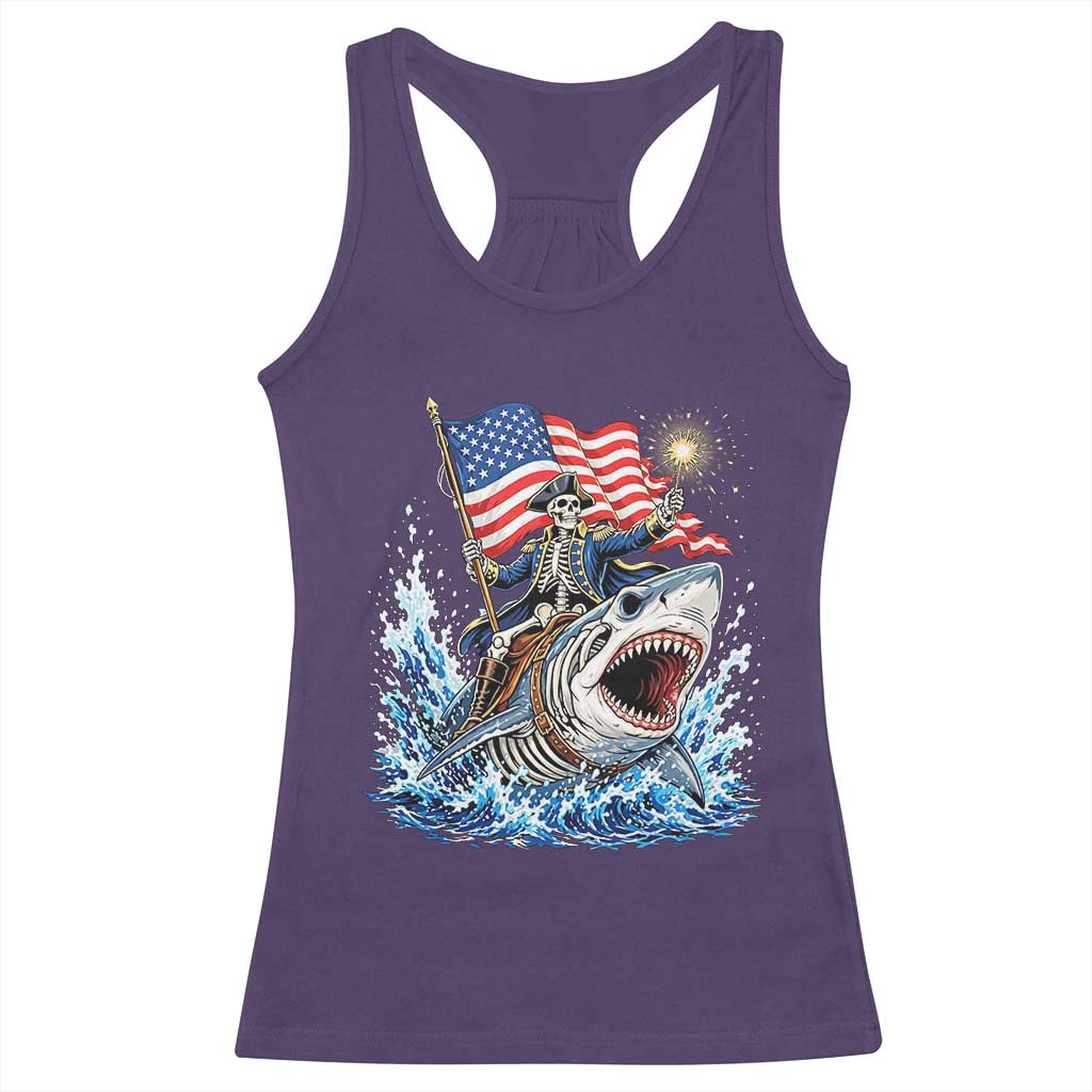 Patriotic Skeleton Pirate Riding Shark Racerback Tank Top American Ocean Pride